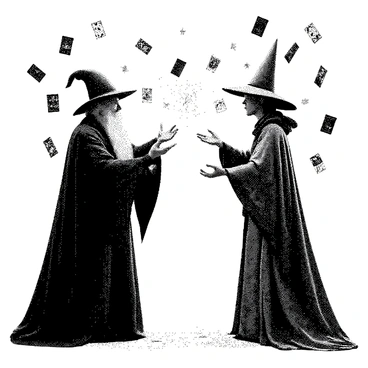 Two wizards stand face to face, their hands outstretched as they channel their magic. One wizard has a long beard and wears a flowing robe adorned with intricate patterns. The other wizard is younger, with a pointed hat and a bright cloak. Both wizards have intense expressions as they focus on their spells. Cards of various shapes and designs float in the air around them, some swirling and others hovering steadily, reflecting their magical energy. The ground beneath them is marked with magical symbols, adding to the atmosphere of their duel.