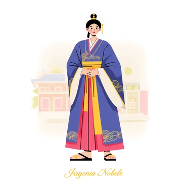 A Korean noble from the Joseon Dynasty is depicted in a regal portrait, wearing an elaborate traditional attire known as a hanbok. The noble's outfit features vibrant shades of deep blue and rich red, embellished with intricate gold patterns. A long, flowing jeogori, the upper garment, is complemented by a colorful chima, the skirt, which elegantly drapes to the ground. The noble's hair is styled in a traditional topknot, adorned with ornate hairpins and accessories. The background features a softly detailed palace setting, enhancing the noble's prominence and status. "Joseon Dynasty Noble" is inscribed elegantly at the bottom of the portrait.
