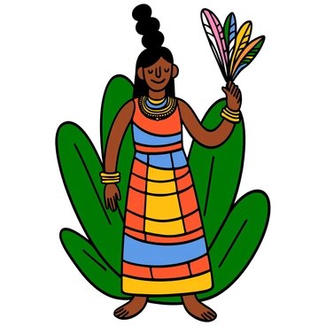 An Aztec princess with light brown skin and long, dark hair intricately braided. She is wearing a vibrant, traditional dress with colorful patterns that showcase the rich heritage of her culture. Her arms and neck are adorned with exquisite jewelry, including gold and turquoise bracelets, as well as a statement necklace featuring intricate designs. She is standing gracefully, with a serene expression on her face, holding a feathered fan decorated with bright colors in her right hand. The background features lush greenery, enhancing the sense of her royal presence.