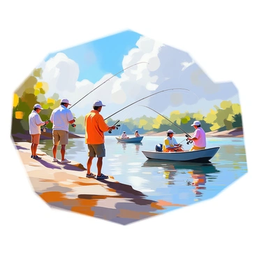 A lively bass fishing competition is taking place on a sunny day. Several participants, both men and women, are casting their fishing lines into a sparkling blue lake. A few boats can be seen floating on the water, with anglers focused intently on their rods. The shoreline is lined with green trees, and the sky is a bright blue with a few fluffy white clouds. Some competitors are standing on the bank, while others are sitting in their boats, all eagerly waiting for a bite. The atmosphere is filled with excitement and anticipation as the competition unfolds.