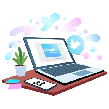 A laptop sits on a wooden desk with a bright screen displaying a vibrant dropshipping product advertisement. Surrounding the laptop are colorful social media icons floating above it, representing various platforms. Next to the laptop, there is a smartphone showing the same advertisement on its screen. Brightly colored sticky notes are scattered around the desk, with one note bearing the text "Best Seller!" in a bold font. A small potted plant sits in the background, adding a touch of greenery to the scene.