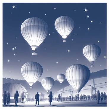 A nighttime scene featuring a variety of hot air balloons in different shapes and sizes. The balloons appear to be illuminated from within, creating a glowing effect against the dark backdrop. The sky is filled with numerous stars, twinkling and adding to the atmosphere of the festival. The ground is bustling with people, some looking up at the balloons while others are enjoying nearby festivities.