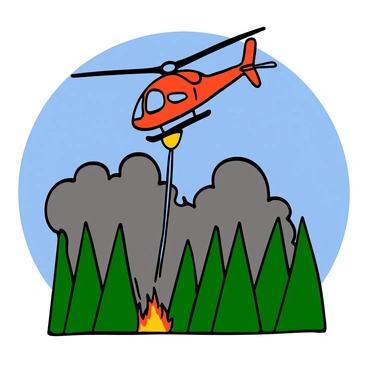 A firefighting helicopter with a bright red body and yellow accents is hovering above a dense forest. The helicopter has a large water bucket suspended below it, actively releasing a stream of water onto the flames below. The forest consists of tall green trees that are partially consumed by fire, with thick plumes of smoke rising into the blue sky. The scene captures the urgency of the firefighting effort, with the helicopter's rotors visibly spinning as it works to extinguish the blaze.