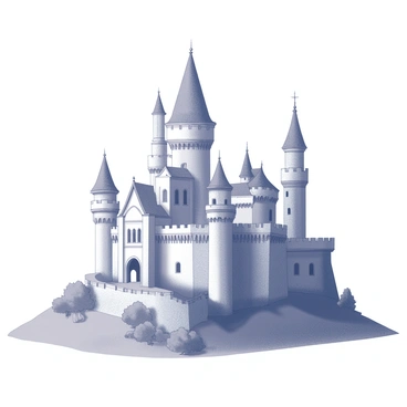 A majestic castle sits atop a hill, showcasing multiple towers that reach upwards. The castle features intricate architectural details, with pointed roofs, arched windows, and decorative battlements. Surrounding the structure, there is a gently sloping landscape with patches of grass and patches of trees. The sky above is clear, enhancing the castle's impressive stature. The scene conveys a sense of grandeur and timelessness.