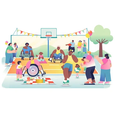 A community event is taking place in a sunny park, showcasing a wheelchair basketball game. In the foreground, a diverse group of athletes in wheelchairs is energetically competing on a basketball court. The players are wearing bright jerseys in various colors, with one player making a shot while another is preparing to pass. 

Surrounding the court, families and children are gathered, watching enthusiastically. Some children are holding colorful balloons, while others are clapping and cheering. A picnic area with checkered blankets and baskets is visible nearby, where families are enjoying snacks and drinks. Colorful banners and decorations can be seen in the background, creating a festive atmosphere.