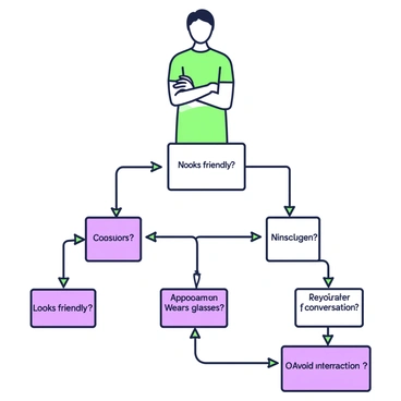 A flowchart is displayed with a character at the top. The character has a neutral expression and is standing with arms crossed. Below the character, arrows point to various decision points represented with boxes. Each box contains a statement related to first impressions, such as "Looks friendly?" and "Wears glasses?". Each decision leads to a subsequent box with different outcomes, such as "Approach for conversation" or "Avoid interaction". The flowchart has a structured layout, with lines connecting all elements, clearly indicating the decision-making process.