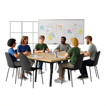 A team of five individuals gathered around a large wooden table, each focused on writing user stories on white index cards. The team consists of two women and three men, representing diverse ethnic backgrounds. One woman has curly black hair and wears glasses, while the other has straight blonde hair tied in a ponytail. One man has short brown hair, dressed in a blue shirt, and the second man has a beard and wears a green sweater. The last team member is a man with light brown hair, dressed in a casual grey t-shirt. 

Scattered across the table are colorful pens and markers, as well as sticky notes in various colors. On the wall behind them, a whiteboard displays various brainstorming notes and diagrams. Each team member writes intently, occasionally discussing their ideas, creating a collaborative atmosphere. The room is bright and well-lit, with large windows allowing natural light to fill the space.