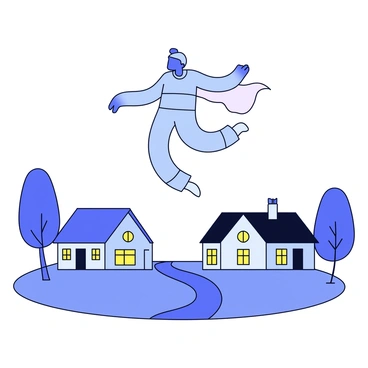 A guardian spirit appears as a shadowy silhouette hovering above a peaceful village. The figure is elongated and ethereal, with a soft outline that blends into the twilight sky. Below, the village features quaint houses with sloping roofs, warm windows glowing softly in the evening light. The spirit casts a gentle shade over the scene, subtly interacting with the tranquility of the village below. Trees line the edges of the village, swaying lightly in the breeze, while a path leads through the houses, inviting a sense of calm and safety.