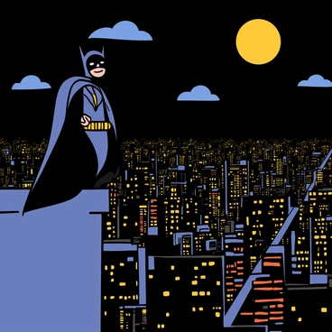 A masked hero with a dark costume and a flowing cape stands on the edge of a rooftop, overlooking a sprawling city illuminated by countless lights at night. The hero has a determined expression, with sharp features visible under the mask. Below, tall skyscrapers stretch into the sky, and the streets are bustling with activity, highlighted by the glow of streetlights and neon signs. The night sky is dark with a few scattered clouds, and a full moon casts a soft light over the scene, creating dramatic shadows.