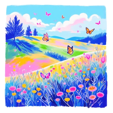 A swarm of butterflies in various colors and sizes is gracefully flying across a lush green landscape. The landscape features rolling hills covered in vibrant green grass and patches of wildflowers in shades of yellow, pink, and blue. In the background, there are a few tall trees with dense foliage, casting soft shadows on the ground. The sky is bright blue with fluffy white clouds scattered throughout. The butterflies are fluttering above the landscape, creating a lively scene of nature in motion.