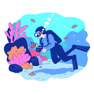 A blue diver wearing a wetsuit and a black diving mask is swimming gracefully near a vibrant coral reef. The diver is holding an underwater camera, capturing images of the surrounding marine life. Brightly colored corals in shades of pink and orange create a stunning backdrop. Various small fish, with shimmering scales in contrasting colors, swim around the diver, adding movement and life to the scene. Sunlight filters through the water, creating dynamic patterns on the sandy ocean floor below.