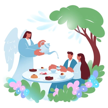 An angel with flowing robes is pouring tea from a beautifully crafted teapot into delicate china cups at a small table. The table is set with an assortment of pastries and finger sandwiches arranged elegantly. Surrounding the table are various neighbors, engaged in cheerful conversation. The lush garden is filled with vibrant flowers in various colors, and tall green trees provide a canopy of shade. Sunlight filters through the leaves, casting soft patterns on the ground. A gentle breeze rustles the leaves, adding a serene atmosphere to the gathering.