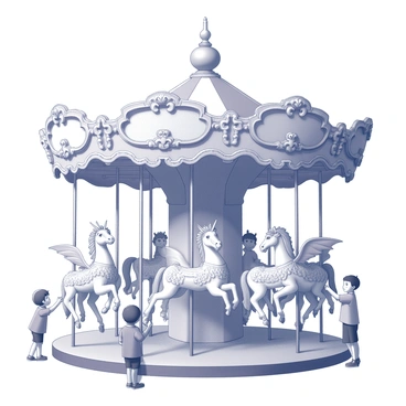 A carousel featuring an array of fantastical creatures instead of traditional horses. The carousel is adorned with intricate carvings and decorative elements that enhance its enchanting appearance. Each creature is unique, including a dragon with iridescent scales, a unicorn with spiraled horns, and a griffin with majestic wings spread wide. The creatures are positioned on ornate pedestals, giving them an elevated presence. The carousel is illuminated by fairy lights, creating a whimsical atmosphere. Children and adults alike are gathered around, marveling at the enchanting display.