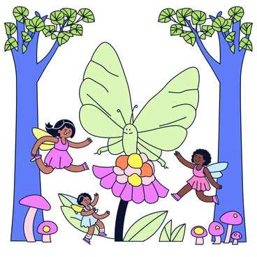 A luna moth with large, pale green wings sits on a vibrant flower. The moth has delicate patterns on its wings and long, sweeping tails. Surrounding the moth are tiny fairies with iridescent wings, fluttering around playfully. The fairies have colorful dresses made from flower petals and leaves. They are smiling and reaching out towards the moth as it gently opens and closes its wings. The forest features tall, lush trees with a variety of leaves and glowing mushrooms scattered on the forest floor. Soft light filters through the branches, creating a magical atmosphere.