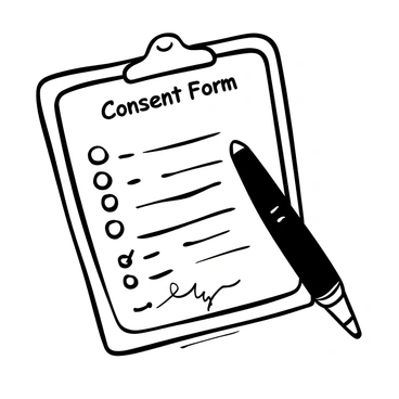 A close-up of a clipboard with a consent form, a pen resting on top of it