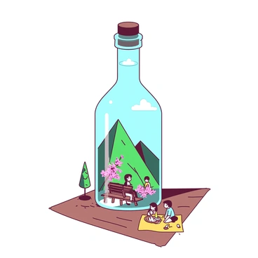 A clear bottle filled with miniature scenes representing various life experiences. Inside the bottle, there is a small scene depicting "love" with two tiny figures sitting on a bench, surrounded by pink flowers. Another scene shows "adventure," featuring a miniature hiker climbing a green mountain with a blue sky in the background. Additionally, there is a representation of "friendship" with two figures sharing a picnic on a yellow blanket, positioned next to a small tree. The bottle sits on a wooden table, reflecting light from above.