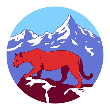 A red silhouette of a cougar stands prominently on a rocky ledge, its muscular form poised elegantly. Behind the cougar, there are towering mountains with sharp, jagged peaks, partially shrouded in a soft mist. The sky above is a deep blue, transitioning into a lighter hue near the horizon, creating a striking contrast with the red silhouette of the cougar. The scene captures the majestic beauty of nature, with the mountains serving as a dramatic backdrop to the powerful presence of the cougar.
