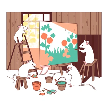 A group of small white mice are actively painting a colorful mural on a wooden wall inside a cozy barn. Each mouse is holding tiny paintbrushes, and colorful splashes of orange and teal paint adorn the wall, showcasing flowers and whimsical patterns. The barn interior has soft golden light filtering through the wooden slats, illuminating the scene. Scattered paint pots in various colors are positioned around the mice, and some mice are perched on small stools while others are standing on their hind legs to reach the higher sections of the mural. A small ladder leans against the wall, adding to the playful atmosphere of creativity.