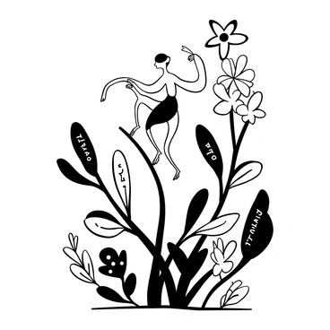 An orchid mantis positioned elegantly on a slender branch surrounded by various types of flowers. The mantis is in a dynamic pose, with its limbs lifted and spread out as if engaged in a dance. The branch is adorned with an array of floral shapes and patterns that create an intricate backdrop for the mantis. The scene captures the delicate details of the mantis’s body and the texture of the flowers, showcasing their unique forms and structures. Words "The Dance of Nature" are integrated subtly into the image.