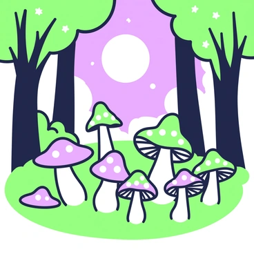 A circle of mushrooms is arranged on the forest floor, each mushroom has a distinct shape and size. The mushrooms emit a soft glow, illuminating the ground around them. Above, a moonlit sky is visible, with the moon casting a gentle light that filters through the tree branches. The surrounding trees have thick trunks, and their leaves create a canopy overhead. Scattered throughout the scene are small, twinkling stars that add to the enchantment of the setting.