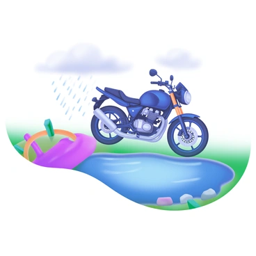 A BMW motorcycle is parked next to a large puddle, its shiny surface reflecting the motorcycle's sleek design. The puddle captures the details of the bike, including its glossy paint and chrome accents. Surrounding the puddle are softly dampened cobblestones, glistening with moisture after a fresh rain. The sky above is overcast, with soft gray clouds that hint at the recent rainfall. A few raindrops are still falling, creating small ripples in the water. The scene is tranquil and captures the essence of a fresh, rainy day.