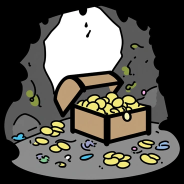 A pirate's hidden treasure chest overflowing with gold and jewels in a cave.