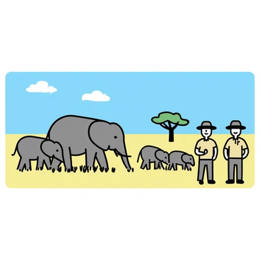 A group of rangers wearing khaki uniforms and wide-brimmed hats stands in a vast savannah. They are positioned protectively around a herd of elephants, which include a large matriarch and a few younger elephants. The elephants are grazing on tall grass, their large ears flapping gently in the warm breeze. The savannah stretches out with golden grasses and a clear blue sky, dotted with a few fluffy white clouds. In the background, a solitary acacia tree stands against the horizon. The rangers are alert, scanning the area for any signs of danger, ensuring the safety of the elephants.