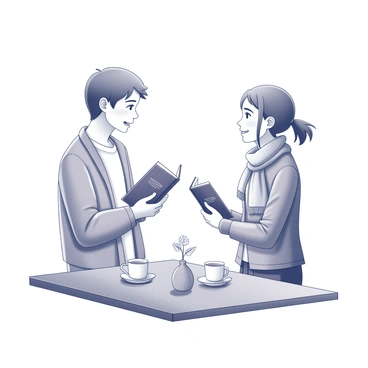 Inside a coffee shop, two strangers are standing near a wooden table. Each person is holding a copy of the same book, which has a visible title on the cover. The first stranger has short hair and is wearing a light jacket, looking slightly surprised. The second stranger, with long hair pulled back in a ponytail, is wearing a scarf and has a friendly expression. They are facing each other, with their eyes locked on the book, as if realizing the coincidence. There are coffee cups placed on the table, along with a small vase containing a flower. The atmosphere conveys a moment of unexpected connection.