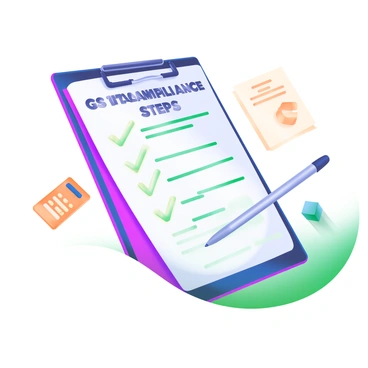 A modern pastel illustration depicting a clipboard with several sheets of paper attached. The top sheet features a checklist with the words "GST Compliance Steps" written in bold at the top. Next to each checklist item, there are check marks indicating they have been completed. The clipboard is placed on a light-colored surface, with a pen lying next to it. Small icons representing various compliance tasks, such as a calculator and a document, are scattered around the clipboard for added context.