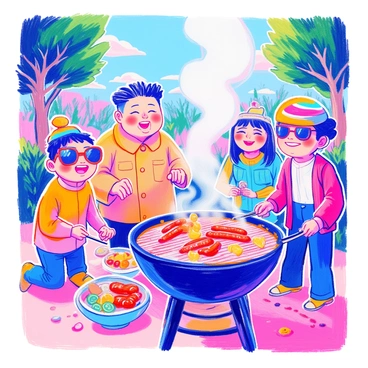 A scene shows "Kim Jong Un" with a joyful expression, standing beside a barbecue grill. He is surrounded by several "cartoonish friends," each with exaggerated features and vibrant colors. One friend is wearing a bright blue shirt with oversized sunglasses, while another has a large smile and a colorful hat. The grill is filled with sizzling sausages and veggies, and smoke rises gently into the air. In the background, there are green trees and a clear blue sky, adding to the lively atmosphere of the gathering.