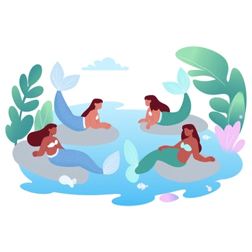 A tranquil lagoon is surrounded by lush green trees and vibrant tropical plants. In the clear blue water, several mermaids with shimmering tails are lying on smooth rocks, basking in the sunlight. Some mermaids are lounging on their elbows, while others are sitting with their tails draped elegantly in the water. They are engaged in animated conversation, with their long, flowing hair cascading over their shoulders. Nearby, colorful fish swim gently through the water, and a few seashells are scattered along the shore. The overall scene is peaceful and serene, filled with a sense of relaxation and camaraderie among the mermaids.