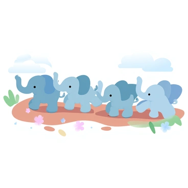 A line of baby elephants marching playfully along a dirt path. Each elephant has small, rounded bodies and large ears, creating a charming sight as they move together. Some elephants are playfully nudging each other with their trunks, while others are energetically flapping their ears. The dirt path is flanked by green grass and scattered wildflowers. The scene captures a joyful atmosphere, with the sunlight filtering through the trees above.