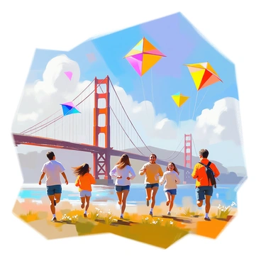 A vibrant scene depicting several people flying colorful kites near the Golden Gate Bridge on a windy day. The bridge arches majestically in the background, its iconic orange-red color contrasting with the vivid hues of the kites soaring in the sky. Some kites are shaped like birds, while others are traditional diamond shapes, fluttering against the backdrop of a clear blue sky filled with fluffy white clouds. The individuals, wearing casual outdoor clothing, are positioned in various poses as they run and laugh, holding the strings of their kites tightly. The grassy area where they stand is dotted with a few small wildflowers, adding to the cheerful atmosphere of the day.