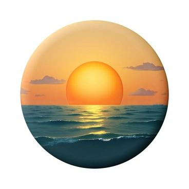 A vintage illustration depicting a large, round sun with warm hues of orange and yellow gradually sinking towards the horizon. The sun casts a shimmering golden reflection across the surface of the ocean, which is painted in deep shades of blue and teal. Gentle waves ripple in the water, adding texture to the scene. Silhouettes of soft, fluffy clouds are scattered in the sky, absorbing the vibrant colors of the sunset. The overall composition captures a tranquil moment as day transitions into night.