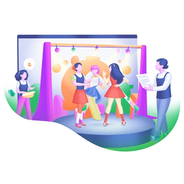 A stage featuring students rehearsing a play, with some standing in dynamic poses and others preparing behind the scenes. The students wear colorful costumes, including bright reds, blues, and yellows, each adorned with unique patterns and accessories. Vibrant lighting casts warm and cool hues across the scene, creating a lively atmosphere. Some students are holding scripts and props, while others are engaged in discussions about their characters. A backdrop of a whimsical set design complements the colorful costumes, enhancing the theatrical feel of the rehearsal.