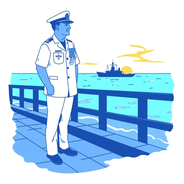 A blue Navy veteran stands proudly on a wooden pier, gazing out towards the vast ocean. He is wearing a crisp white dress uniform adorned with various medals and insignia. The sun is setting in the background, casting a golden hue over the water. Gentle waves lap against the pier, and the silhouette of a distant ship is visible on the horizon. The veteran's expression reflects a sense of honor and nostalgia as he takes in the serene seascape.