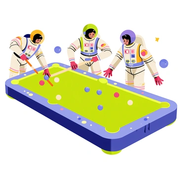 A group of three astronauts in colorful space suits is playing billiards in a zero-gravity environment. The billiard table, equipped with glowing edges, floats in mid-air, surrounded by a backdrop of stars and planets. Several billiard balls float around the table, some are gently colliding, while others drift lazily. The astronauts are smiling and concentrating on their game, one of them is reaching out to strike a ball with a cue stick. The scene is illuminated with soft, bright lights reflecting off their helmets and the table surface.