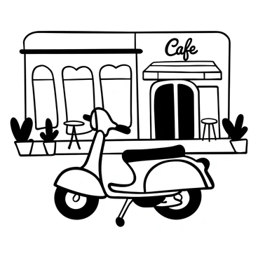 A scooter parked on the sidewalk, featuring smooth, rounded edges and distinct vintage design elements. The scooter is leaning slightly to one side, with a kickstand supporting it. In the background, a charming 1960s cafe with large windows and an awning stands prominently. The cafe has a sign with the words "Cafe" displayed above the entrance, and small round tables with chairs can be seen outside. Potted plants line the entrance, adding detail to the scene.