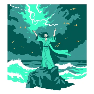 A teal sorcerer with a long flowing robe stands atop a rocky cliff, arms raised high as lightning crackles around him. Dark clouds swirl ominously in the stormy sky above, reflecting the turbulence of his powerful magic. The sorcerer has a focused expression, and his long hair blows dramatically in the wind. Below the cliff, waves crash against the rocks, further emphasizing the chaotic scene. In the background, flashes of orange lightning illuminate the dark atmosphere, creating a stark contrast against the teal robe of the sorcerer.
