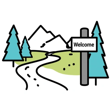 A wooden post stands prominently at the mountain trailhead. Attached to the post is a "Welcome" sign, greeting hikers as they begin their journey. The ground is covered in a mix of gravel and dirt, leading into a lush, green trail that winds into the mountains. Surrounding the trailhead are tall trees, their leaves creating a canopy above. In the background, the silhouette of rugged mountains rises against the sky.