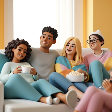 A group of four friends, with diverse appearances, sitting closely together on a large, comfy couch. One friend, a woman with curly brown hair, is wearing a light blue sweater and holding a bowl of popcorn. A man with short black hair, dressed in a gray t-shirt, is leaning back with a relaxed smile, while another woman with straight blonde hair is wrapped in a colorful blanket, laughing softly. The last friend, with glasses and a beanie, is focused on the television screen. The room is warmly lit, creating a cozy atmosphere.