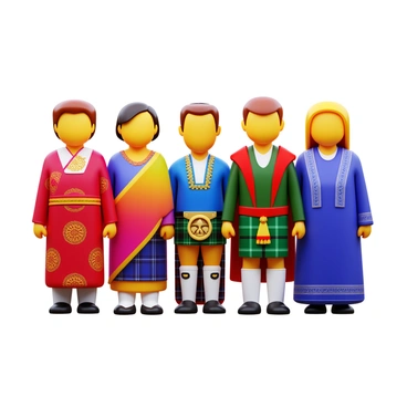 A group of choir members standing together, each one wearing a traditional costume representing different cultures. The first member is dressed in a vibrant kimono adorned with intricate patterns. Next, another member wears a colorful sari, featuring gold embellishments and intricate designs. A third member showcases a Scottish kilt, complete with a sporran and a plaid pattern. Another choir member is wearing a traditional Mexican dress, known for its bright colors and floral motifs. The final member is in a Russian sarafan, showcasing its rich fabric and decorative elements. Each member is positioned in a way that highlights their unique attire, creating a visually striking display of cultural diversity.