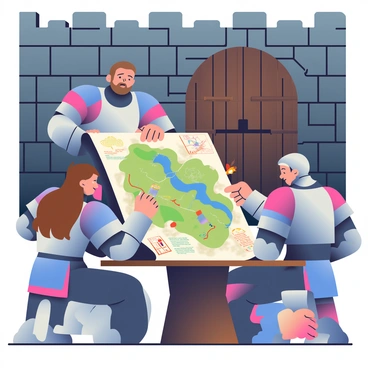 A group of three knights is gathered in a dimly lit medieval castle. The knights are wearing silver armor adorned with blue and red markings. One knight, a tall man with a beard, is holding a large, tattered map spread across an old wooden table. The map features detailed illustrations of the surrounding land and hidden paths. Another knight, a woman with long brown hair tied back, is examining a small compass, while the third knight, a younger man, is pointing at a specific area on the map with an expression of determination. In the background, stone walls are adorned with flickering torches, casting shadows that enhance the sense of urgency in their task. A rusty iron door leads to the dungeon, partially visible behind them.