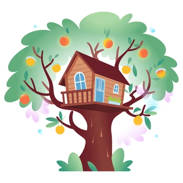 A whimsical treehouse is perched among the branches of a tree that is covered in thick, green passion fruit vines. The treehouse features a wooden structure with multiple windows and a small balcony, adorned with colorful flower pots. The vines create a lush canopy around the treehouse, with bright orange and yellow passion fruits hanging from the tendrils. Sunlight filters through the leaves, illuminating the treehouse and casting playful shadows on the ground below. The scene is filled with a sense of adventure and tranquility, surrounded by vibrant foliage.
