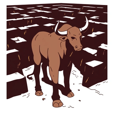 A brown Minotaur with muscular arms and a fierce expression stands in a dimly lit labyrinth. The creature's large, curved horns protrude majestically from its head, casting long shadows on the stone walls. The labyrinth consists of rugged, uneven stone pathways, with intricate twists and turns that create a sense of depth. Faint glimmers of light peek through gaps in the walls, illuminating patches of the ground, while the rest remains engulfed in darkness. The Minotaur looks alert, ready to move, as its hooves make a subtle sound on the cold stone floor.