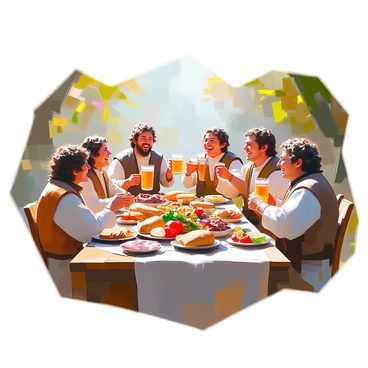 A group of hobbits with curly hair and round faces, dressed in rustic clothing, are gathered around several long wooden tables laden with an abundance of food. The tables are filled with platters of roasted meats, bowls of fresh vegetables, loaves of bread, and an array of colorful desserts. Some hobbits are laughing heartily, their expressions joyful as they share stories and toast with mugs of ale. A lush greenery surrounds them, adding to the warm and festive atmosphere of the feast. The scene captures the essence of camaraderie and celebration among the hobbits.