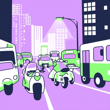 A congested city street is filled with a variety of vehicles, including cars, buses, and motorcycles. The vehicles are positioned tightly together, some stopped and others inching forward. Each vehicle has headlights on, illuminating the scene in the dim light. The street is enveloped in a thick cloud of smoke, creating a hazy atmosphere. In the background, tall buildings with windows reflect the light, contributing to the urban environment. A streetlight stands at the corner, casting a greenish glow over the scene.