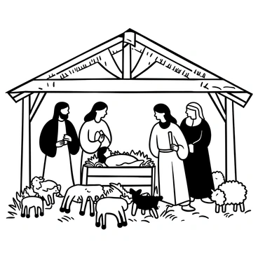A group of shepherds standing in a humble stable, gazing down at the newborn Jesus lying in a manger. The scene includes a rustic wooden manger filled with straw, illuminated by a soft halo of light above it. The shepherds are dressed in simple, tattered robes and holding staffs, with their heads bowed in reverence. Surrounding them are a few farm animals, including a donkey and a sheep, all positioned nearby. The stable is made of wooden beams with hay scattered on the ground, creating a serene atmosphere. "Glory to God in the Highest" is inscribed in elegant lettering above the scene.
