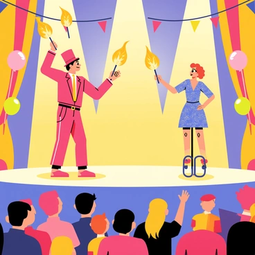 A colorful circus scene featuring a central stage with performers juggling flaming torches. The first performer is a tall man wearing a bright red outfit and a top hat, expertly tossing three glowing torches in the air. Next to him, a woman in a sparkling blue costume is balancing on a unicycle while juggling two flaming torches. The audience in the foreground is filled with amazed expressions, with some children pointing in excitement. Bright spotlights shine down on the performers, illuminating the flames and creating an energetic atmosphere. Banners and balloons decorate the background, adding to the festive ambiance of the circus.