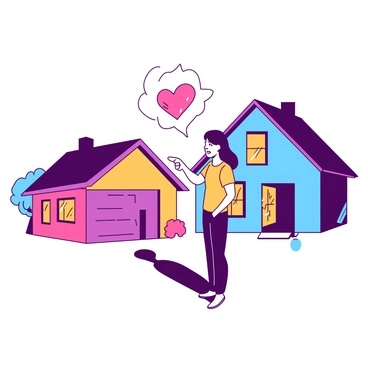 A couple is standing together in front of two distinct houses. One house is painted in a vibrant color while the other showcases a contrasting hue. The couple appears engaged in conversation, with the man pointing towards one of the houses while the woman looks thoughtfully at both options. Between them, there is a glowing heart floating in the air, illuminating their expressions, symbolizing their gut feelings about which house to buy. The scene captures the couple's excitement and anticipation as they consider their future home.